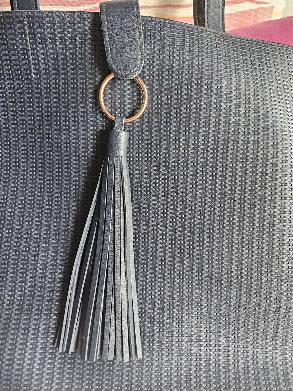 Navy Textured Tote Bag with Tassel - Picture 3 of 5